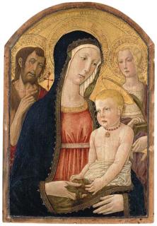 Benvenuto di Giovanni di Meo Del Guasta - The Madonna and Child with a pomegranate with Saint John the Baptist and Saint Catherine of Alexandria