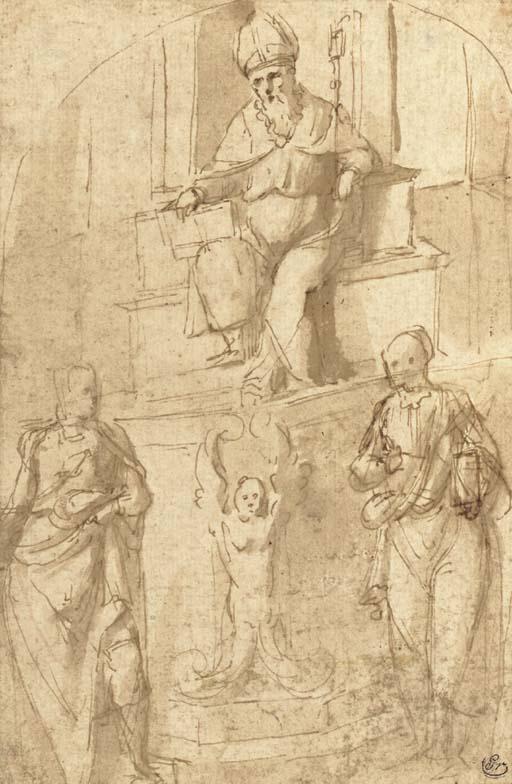 Benvenuto Tisi - A bishop seated on a throne, with two standing figures