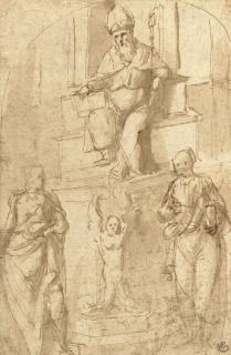 Benvenuto Tisi - A bishop seated on a throne, with two standing figures