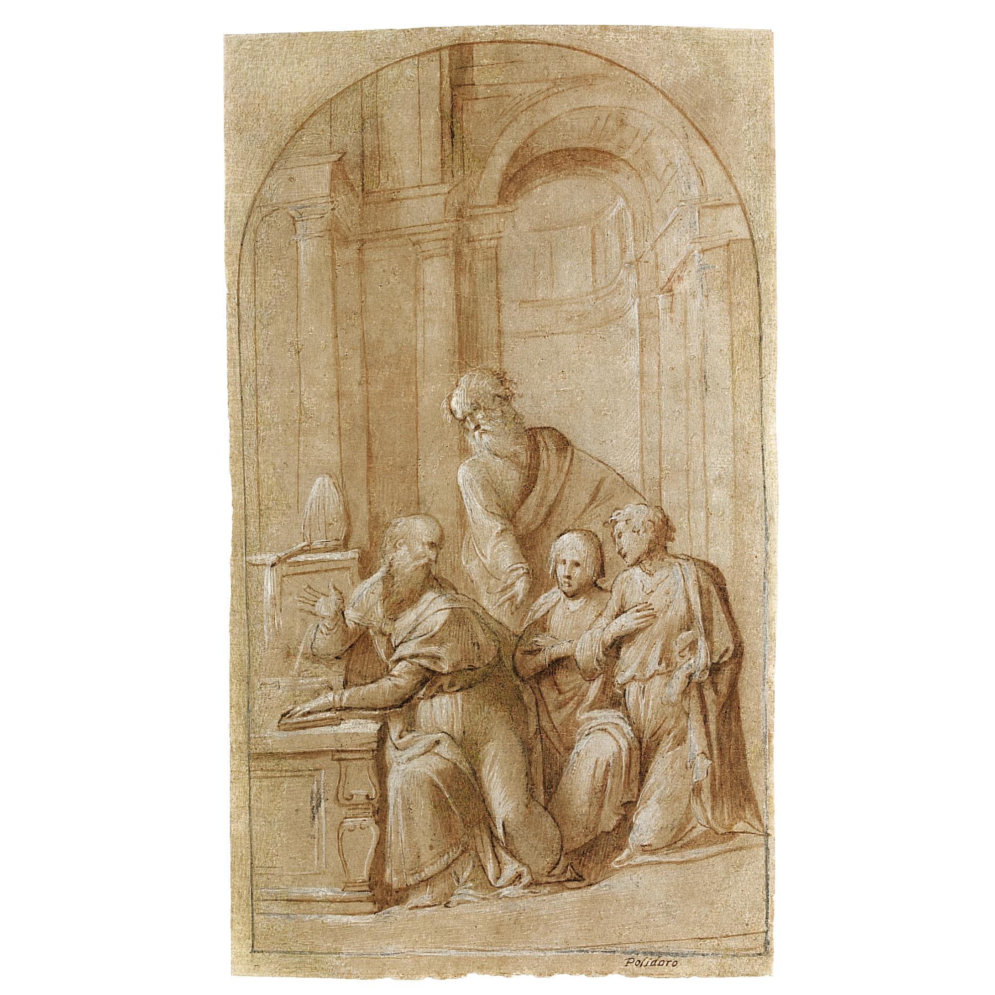 Benvenuto Tisi - A Bishop Seated With His Left Hand On A Book, Two Young Men Kneeling Nearby And A Third Standing Behind, In An Architectural Setting