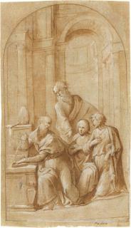 Benvenuto Tisi - A Bishop seated with his left hand on a book, two young men kneeling nearby and a third standing behind, in an architectural setting