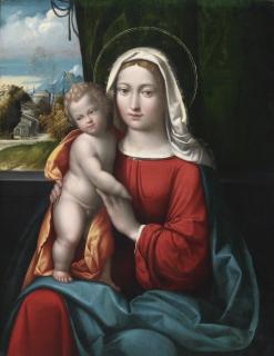 Benvenuto Tisi - Madonna And Child Before A Curtain, A Mountainous Landscape Beyond