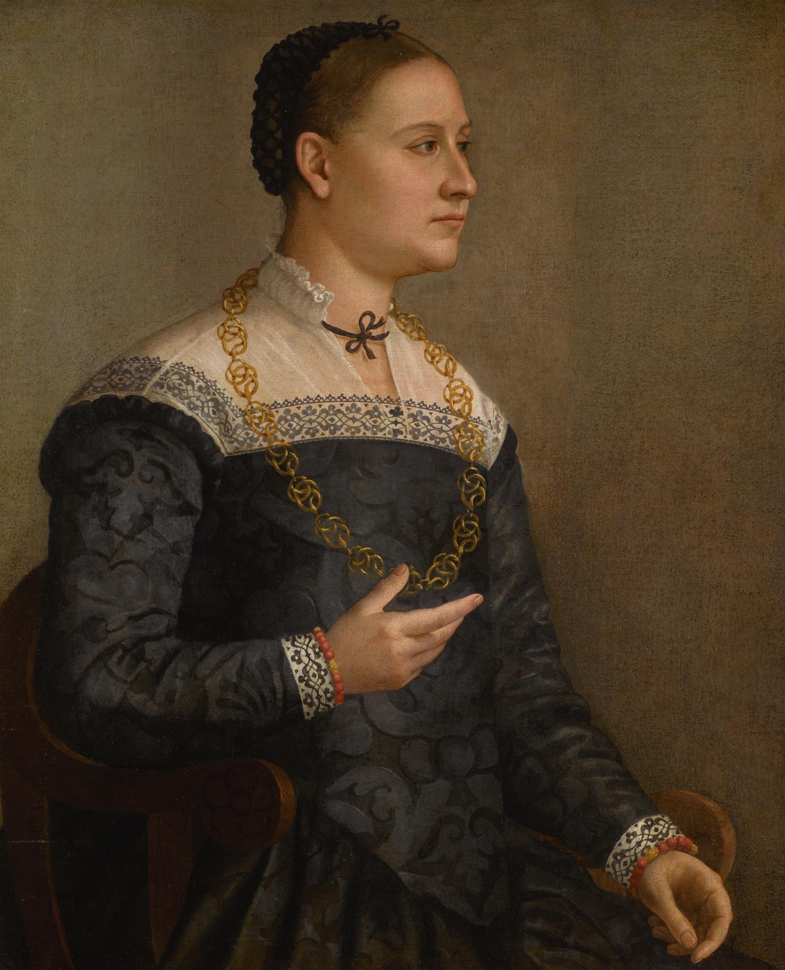 Bernadino Gatti - Portrait Of A Lady Wearing An Embroidered Black Dress And A Gold Chain