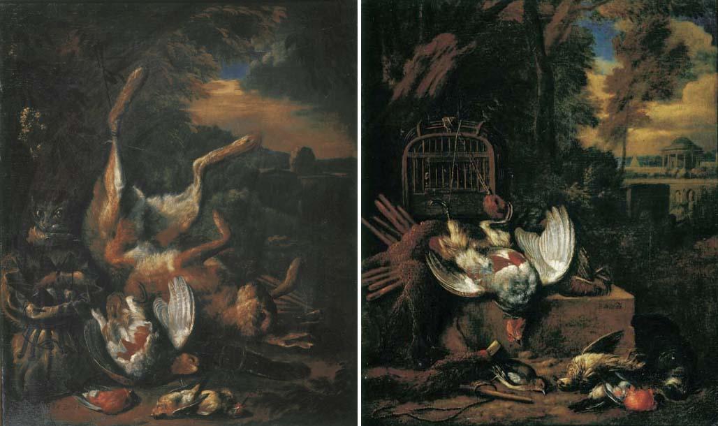Bernaert De Bridt - A hunting still life with a pheasant and songbirds in a landscape; and A hunting still life with a cat, a dead hare and songbirds in a landscape