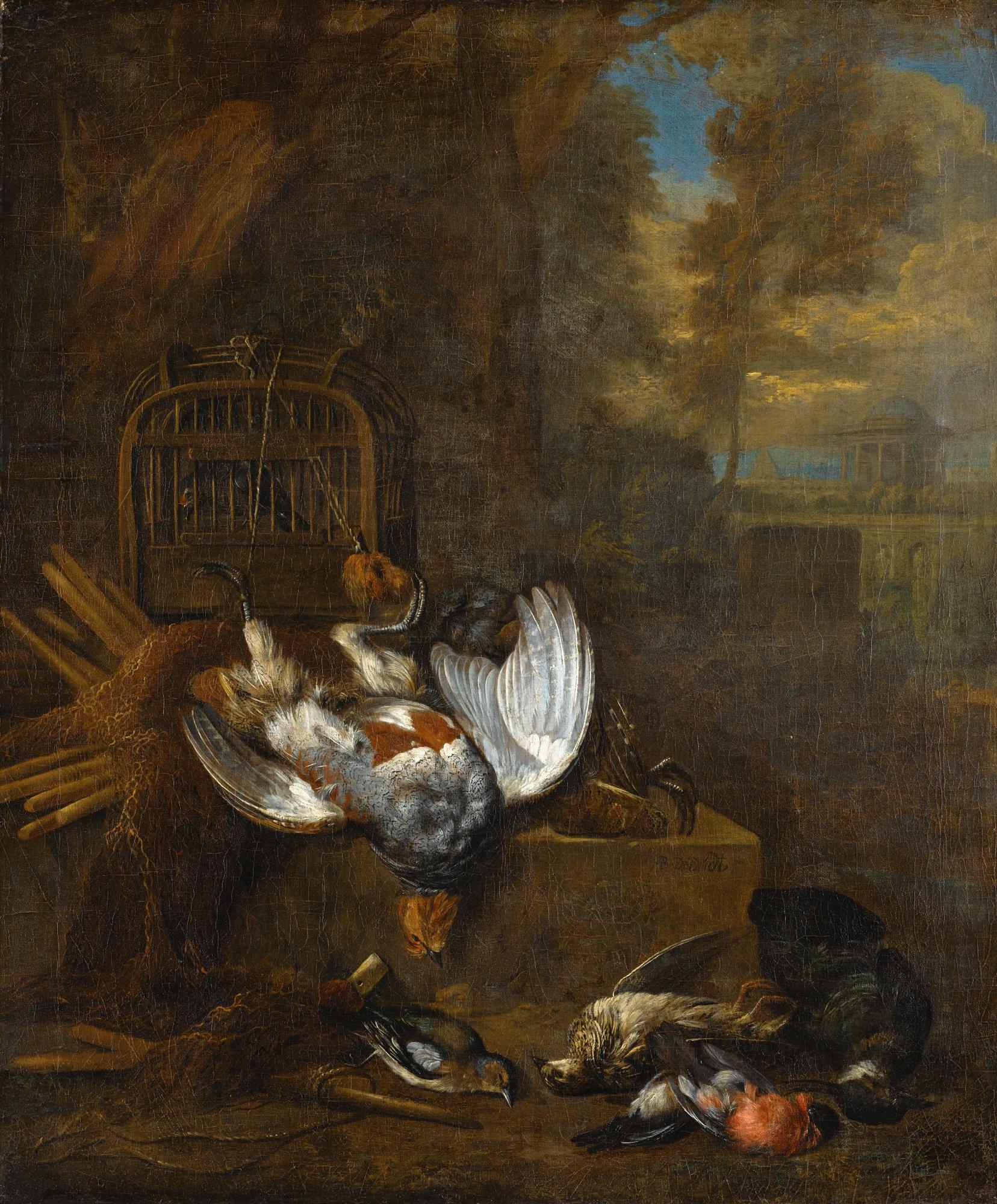 Bernaert De Bridt - A Pair Of Hunting Still Lifes: With A Dead Pheasant And Songbirds In A Landscape; And With A Cat, A Dead Hare And Songbirds In A Landscape