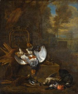 Bernaert De Bridt - A Pair Of Hunting Still Lifes: With A Dead Pheasant And Songbirds In A Landscape; And With A Cat, A Dead Hare And Songbirds In A Landscape
