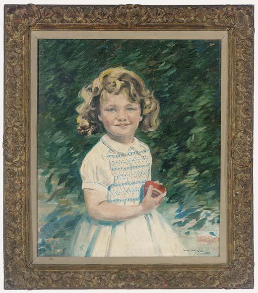 Bernard Adams - Portrait of a yound girl, three-quarter length, in a white dress, holding a red cup