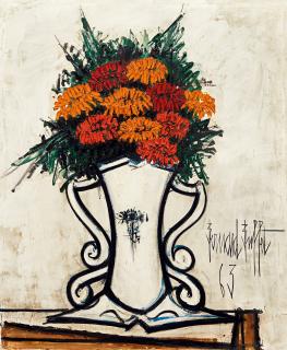 Bernard Buffet - Bouquet De Zinnias Dans Un Vase(Painted In 1963)