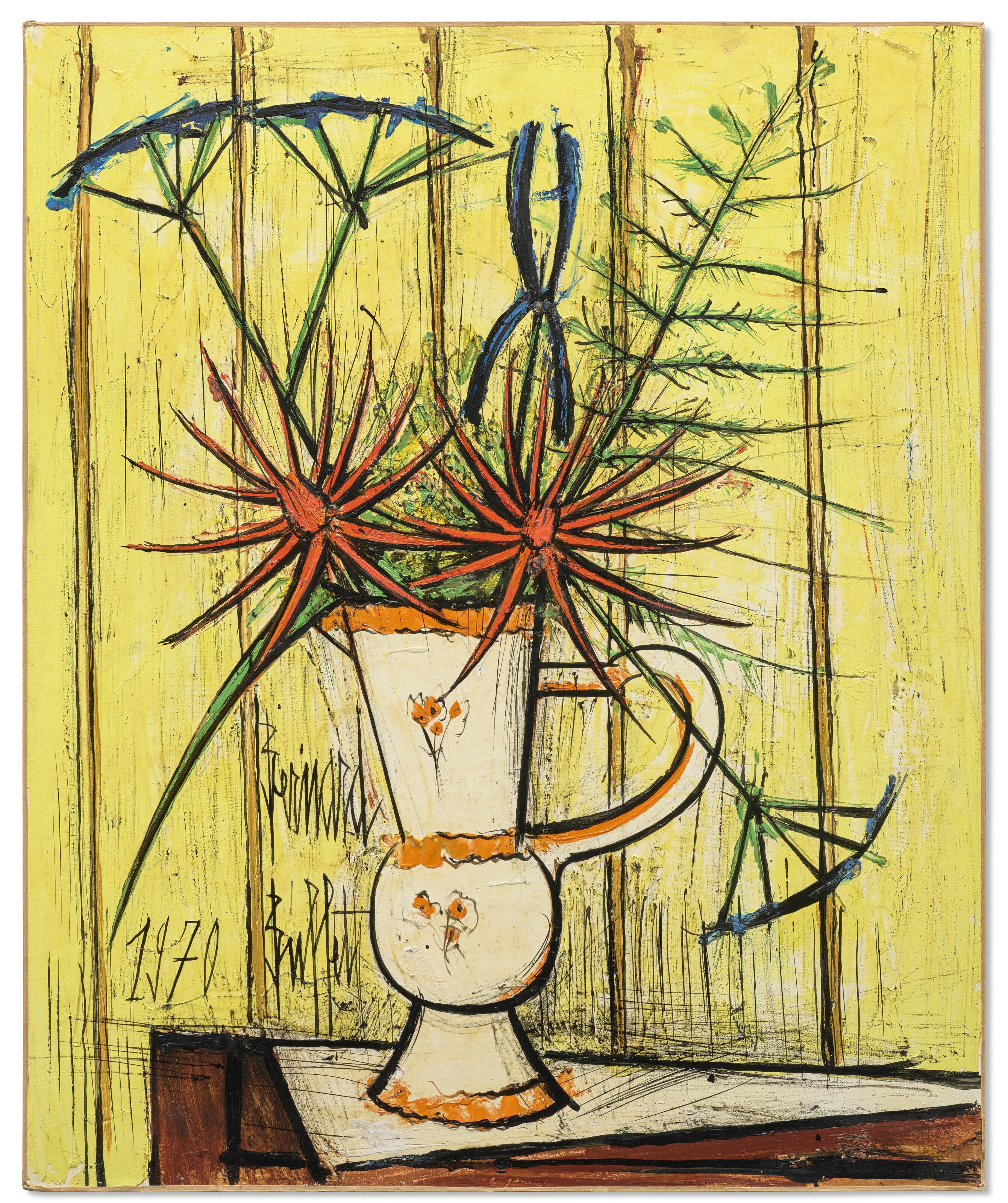 Bernard Buffet - Bouquet rouge et bleu fond jaune, vase blanc et orangé