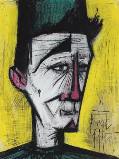 Bernard Buffet - Clown au chapeau vert sur fond jaune