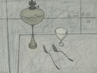 Bernard Buffet - Nature morte à la lampe à pétrole, coquetier, fourchette et cuillère