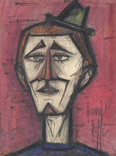 Bernard Buffet - Tête de clown au chapeau vert, fond rouge