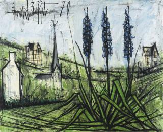 Bernard Buffet - Trois Delphiniums Bleus Dans Un Paysage
