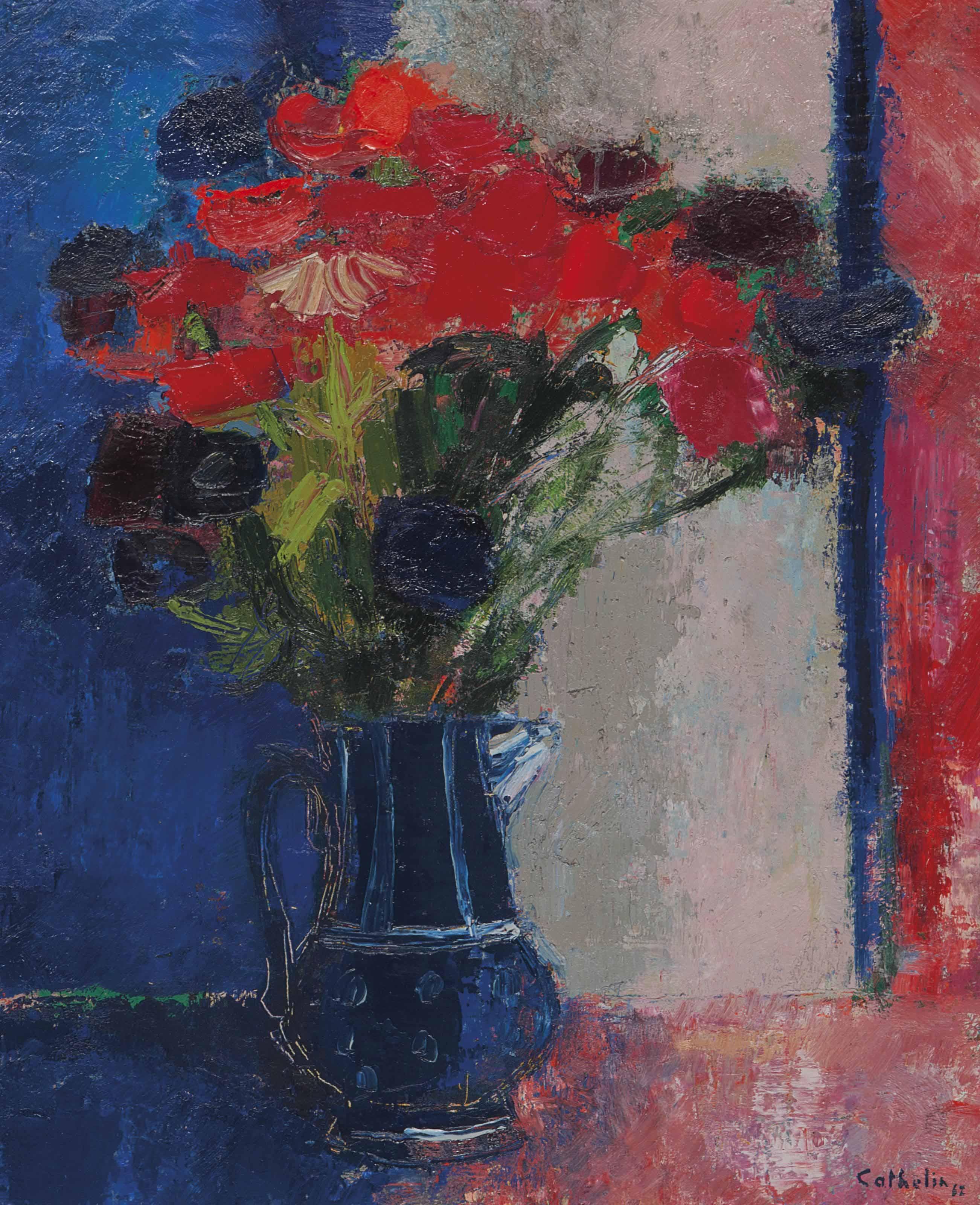 Bernard Cathelin - Anémones Au Pot Bleu Sombre