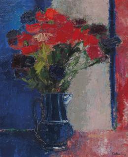 Bernard Cathelin - Anémones Au Pot Bleu Sombre