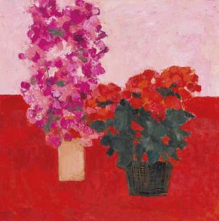 Bernard Cathelin - Bougainvilliea Et Begonia À La Table Rouge