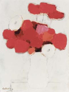 Bernard Cathelin - Bouquet rouge au pot blanc