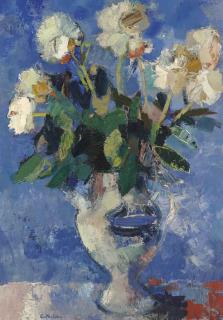 Bernard Cathelin - Pivoines au fond bleu