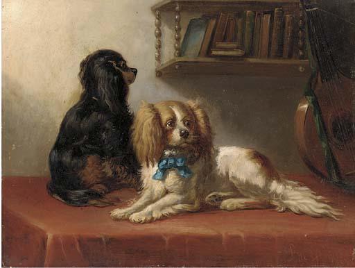 Bernard De Gempt - Two King Charles spaniels with a lute on a draped table