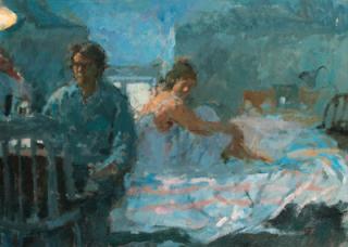 Bernard Dunstan, R.A. - Bedroom Interior with two Figures