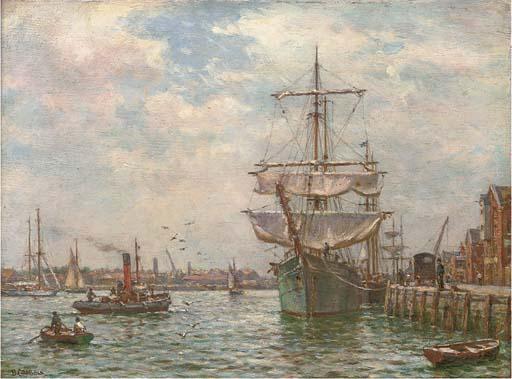 Bernard Finegan Gribble, R.B.A., R.S.M.A. - Trading Vessels At The Quayside of A Busy Harbour