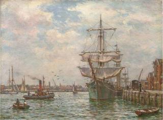 Bernard Finegan Gribble, R.B.A., R.S.M.A. - Trading Vessels At The Quayside of A Busy Harbour