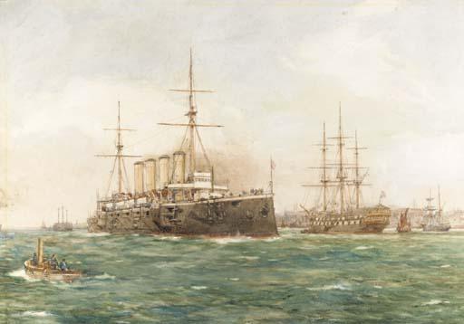 Bernard Finegan Gribble, R.B.A.,S.M.A. - An armoured-cruiser leaving Portsmouth Harbour with a Royal Naval two-decker off to port