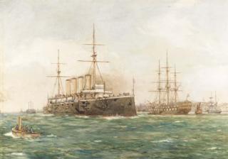 Bernard Finegan Gribble, R.B.A.,S.M.A. - An armoured-cruiser leaving Portsmouth Harbour with a Royal Naval two-decker off to port