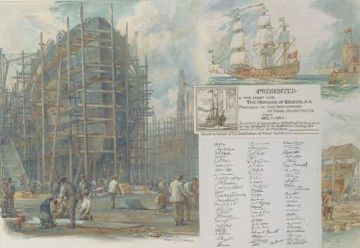 Bernard Finegan Gribble - Homage to ship design: Sovereign of the Seas off Dover, a tudor warship, a liner on the stocks in a busy shipyard and the Enchantress