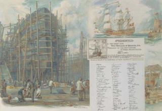 Bernard Finegan Gribble - Homage to ship design: Sovereign of the Seas off Dover, a tudor warship, a liner on the stocks in a busy shipyard and the Enchantress