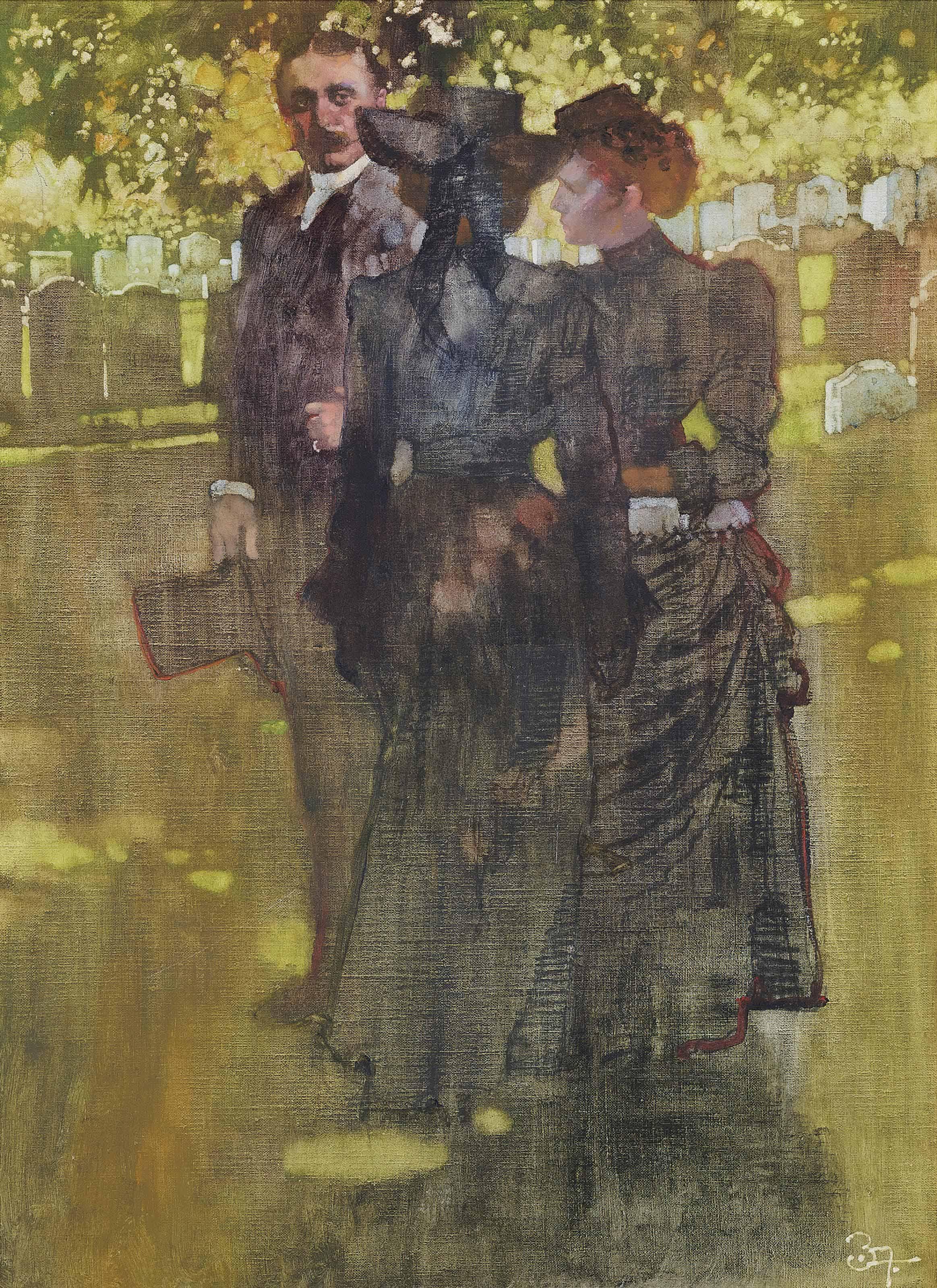 Bernard Fuchs - Figures in a sunlit churchyard