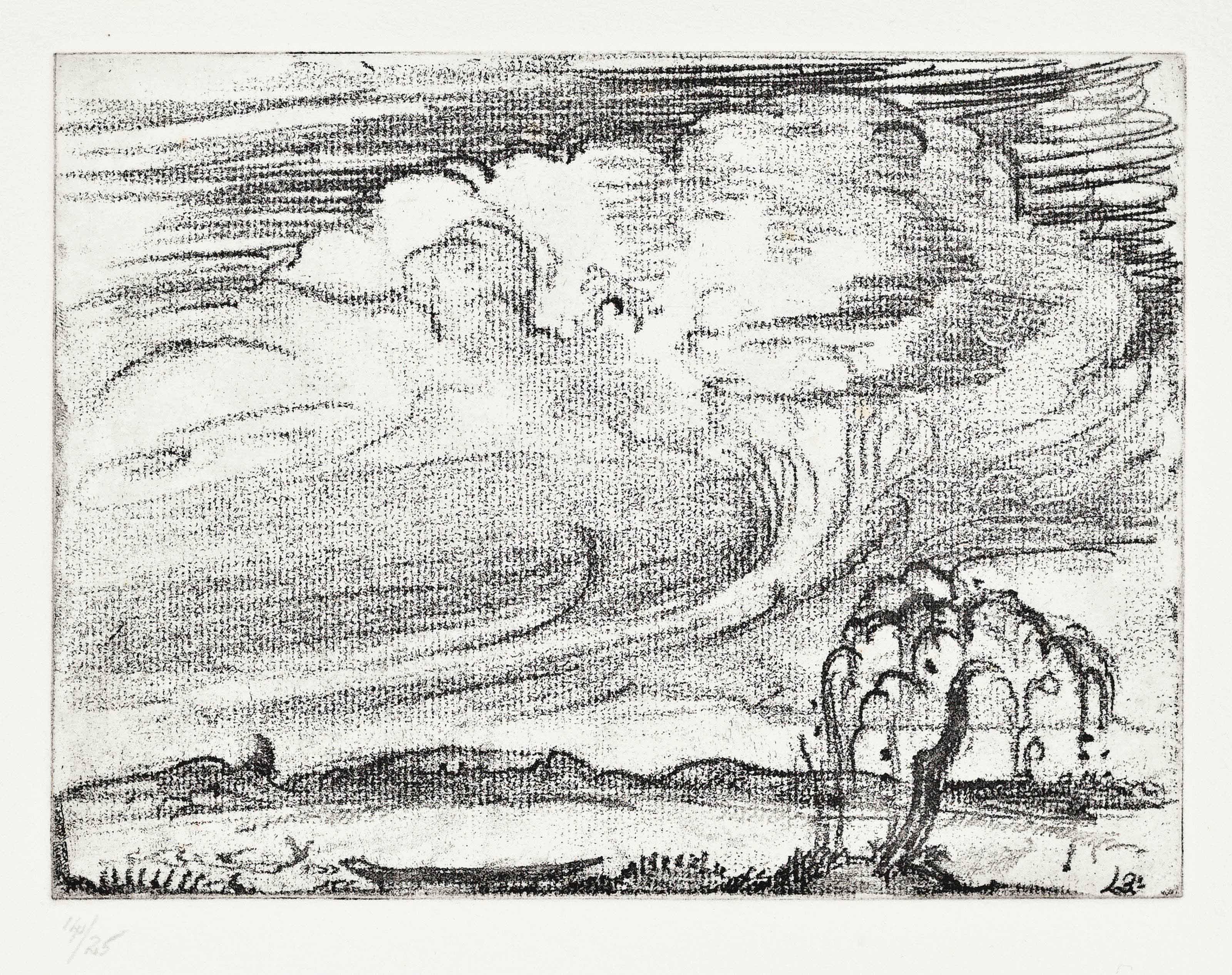 Bernard Leach - Boat, Willow Tree and Duck under Clouds