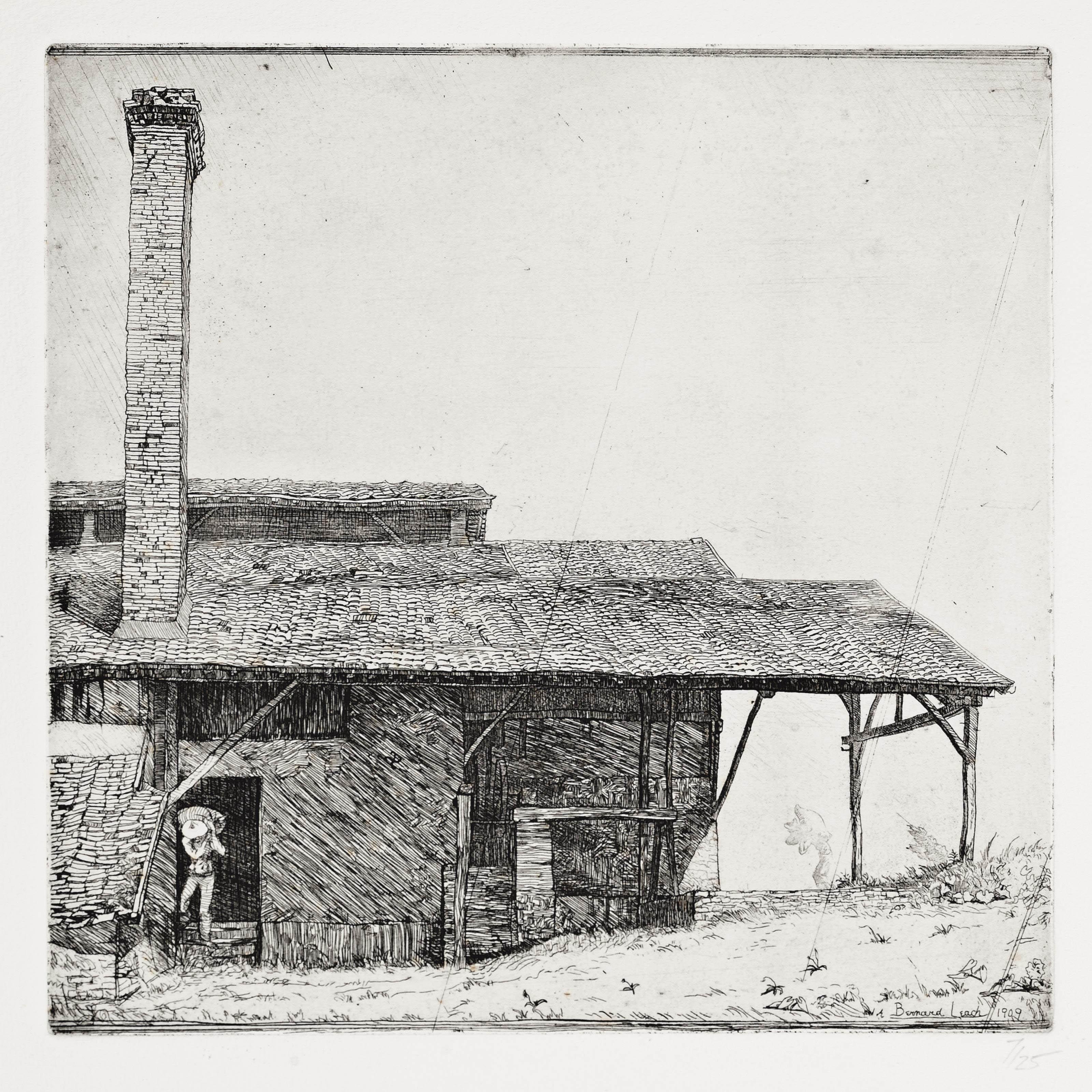 Bernard Leach - Factory with tall chimney and workman with sacks, 1909