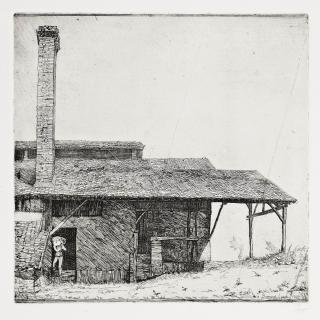 Bernard Leach - Factory with tall chimney and workman with sacks, 1909