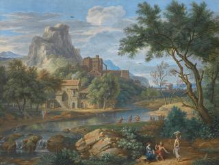 Bernard Lens III - An Italianate landscape with figures on a track by a river and fishermen drawing in a net