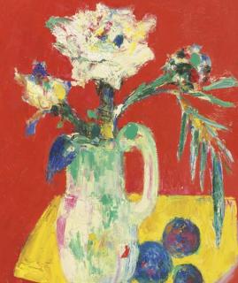 Bernard Lorjou - A Vase of Flowers And Plums On A Table