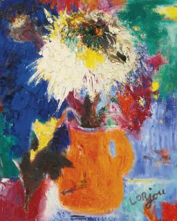 Bernard Lorjou - Flowers In An Orange Vase