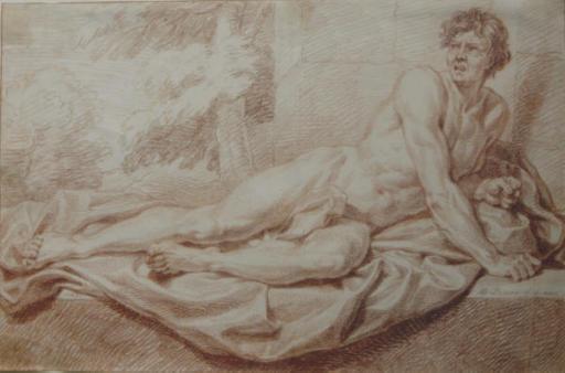Bernard Picart - A male nude reclining on a ledge