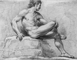 Bernard Picart - A nude seated on a rock in profile to the right