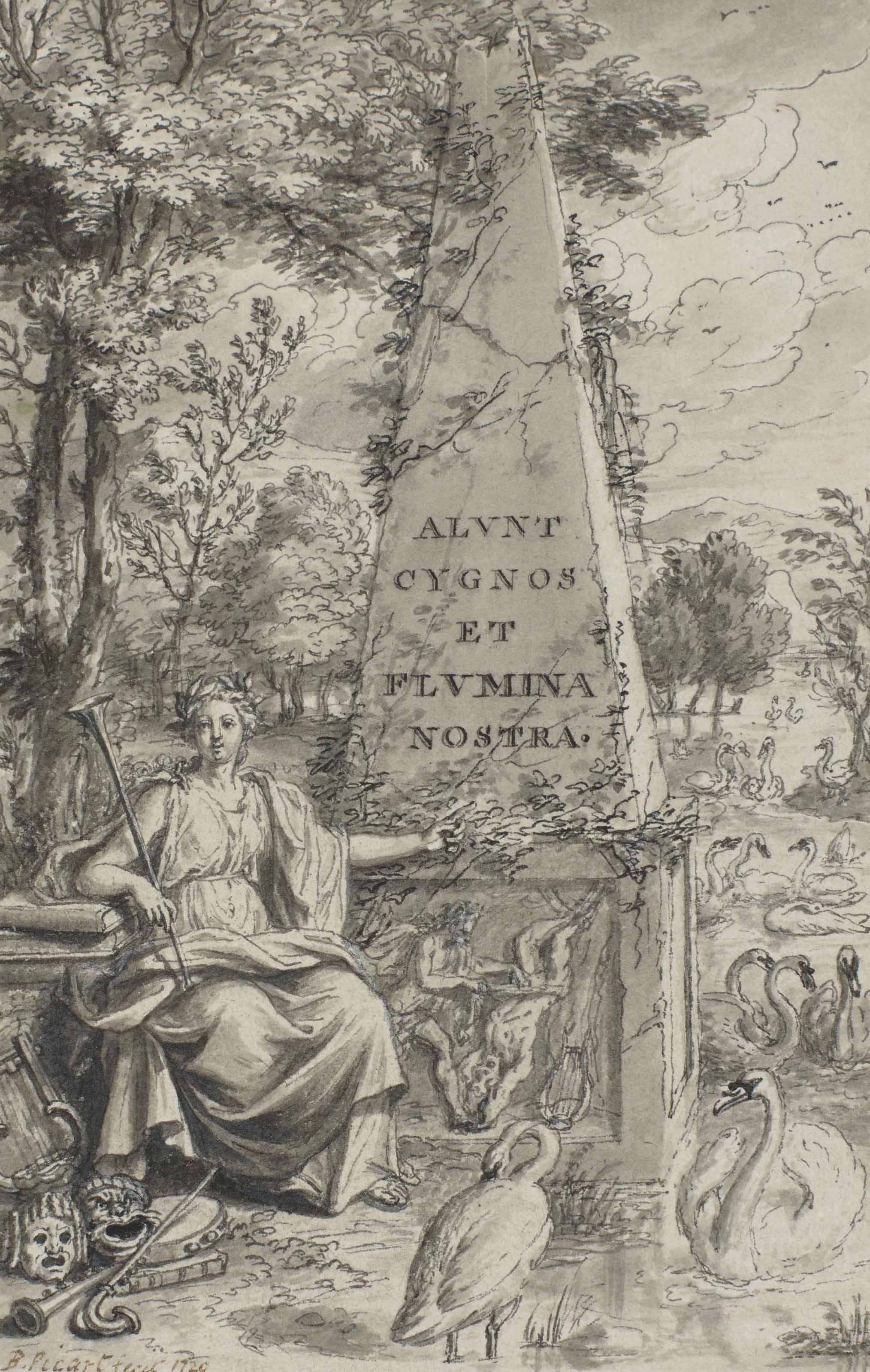Bernard Picart - Allégorie des Arts entourée de cygnes près d\'un obélisque