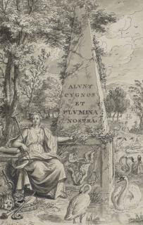 Bernard Picart - Allégorie des Arts entourée de cygnes près d\'un obélisque