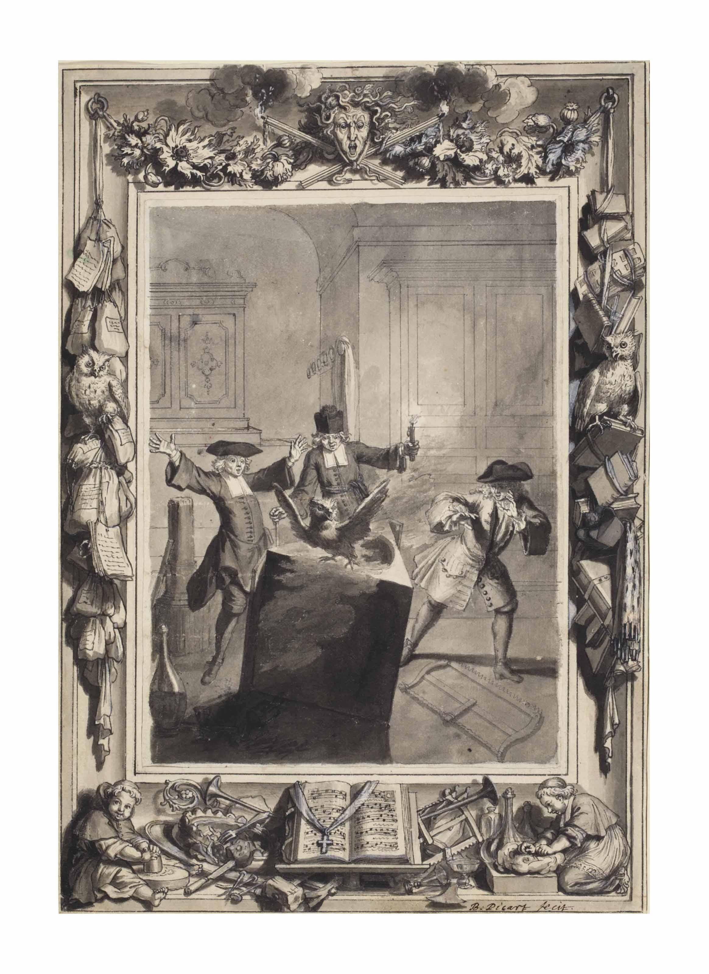 Bernard Picart - Design for an engraving: Night scene with the wigmaker, Brontin and Boirude, the sacristan, surprised by a night owl flying out of a lectern, from  Le Lutrin