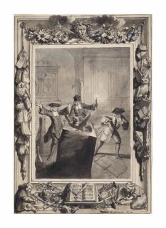 Bernard Picart - Design for an engraving: Night scene with the wigmaker, Brontin and Boirude, the sacristan, surprised by a night owl flying out of a lectern, from  Le Lutrin