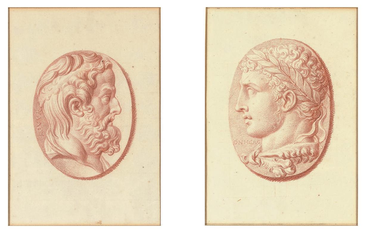 Bernard Picart - Four studies after cameos, three with classical profile portraits and one with a fragmentary relief of Cupid and two lions drawing a chariot