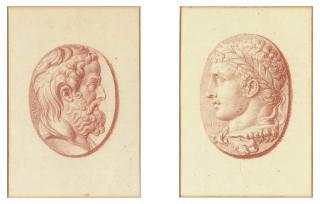 Bernard Picart - Four studies after cameos, three with classical profile portraits and one with a fragmentary relief of Cupid and two lions drawing a chariot
