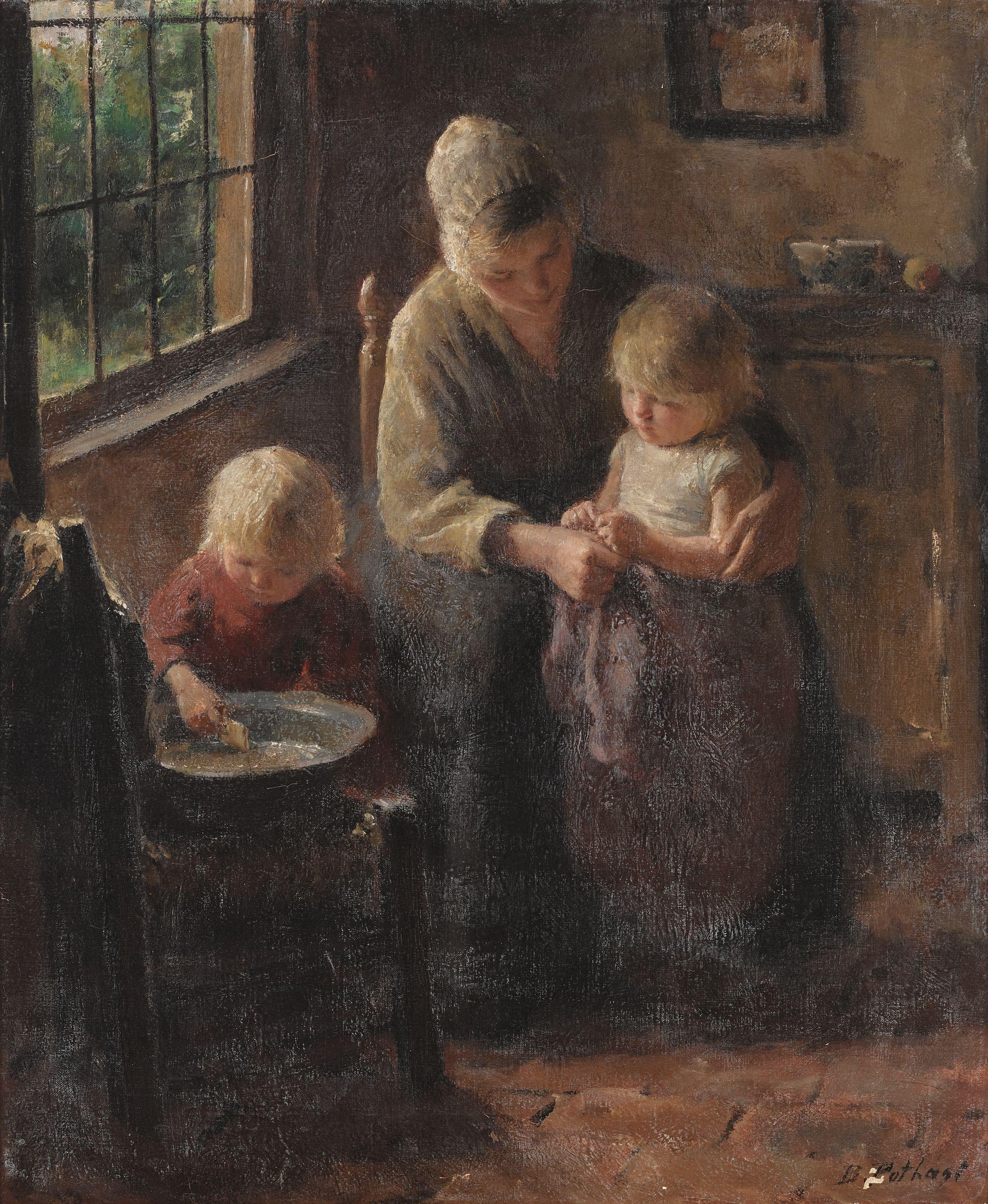 Bernard Pothast - A mother with her children in a cottage interior