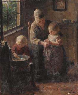 Bernard Pothast - A mother with her children in a cottage interior