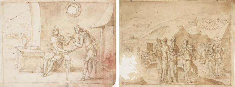 Bernard Salomon - Esau selling his Birthright to Jacob (Gen. 25); and Isaac and Abimelech (Gen. 26)