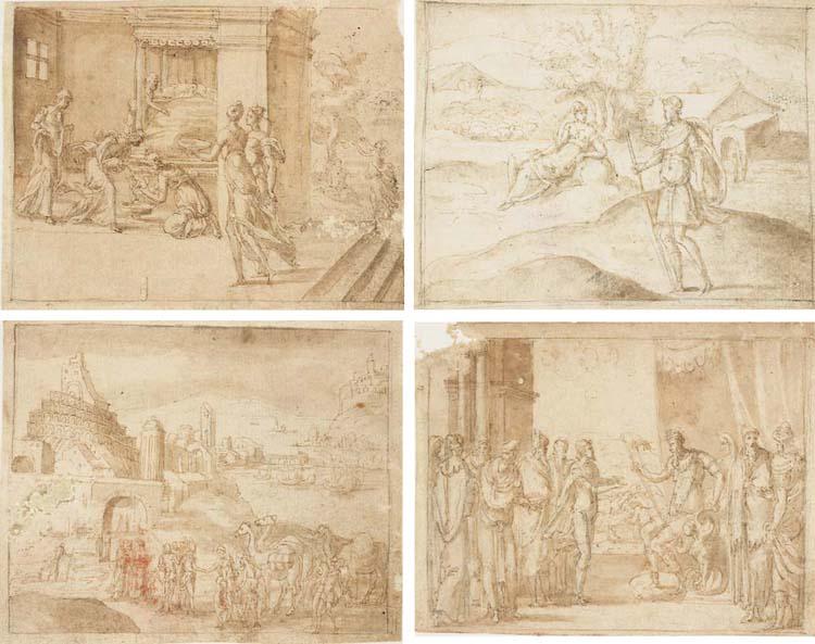 Bernard Salomon - Rachel giving Birth to Joseph (Gen. 30); Judah and Tamar (Gen. 38); Joseph taken Captive (Gen. 39); and Joseph made Steward of Egypt (Gen. 42)