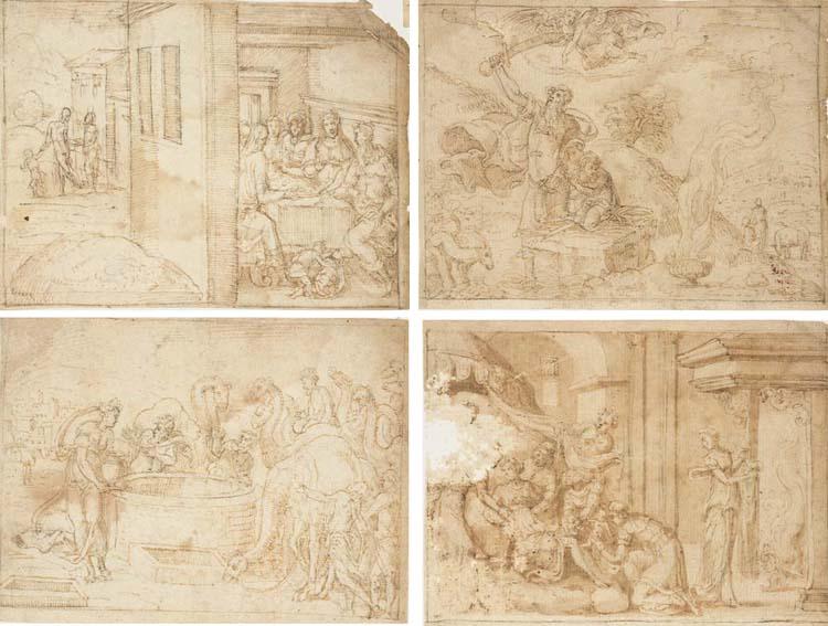 Bernard Salomon - Sarah complaining of Ishmael, and The Departure of Hagar and Ishmael (Gen. 21); The Sacrifice of Abraham (Gen. 22); Abraham\'s Servant asking Rebecca to drink (Gen. 22); and The Birth of Jacob and Esau (Gen. 25)